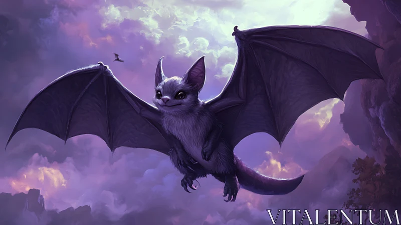 Winged creature in flight over purple clouded landscape.