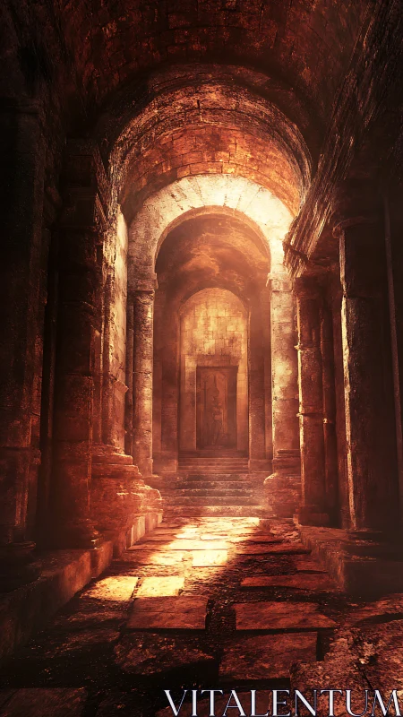 Stone corridor with vaulted arches recedes toward closed door