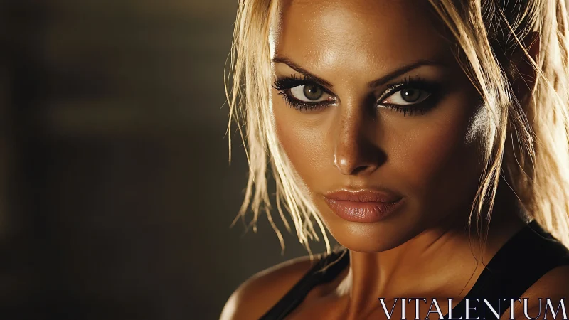 Intense close-up portrait of athletic woman in dramatic lighting.