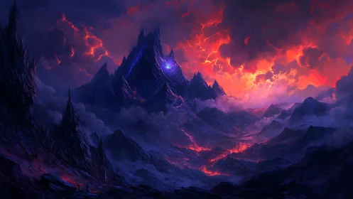 Volcanic spire dominates infernal twilight mountain range.