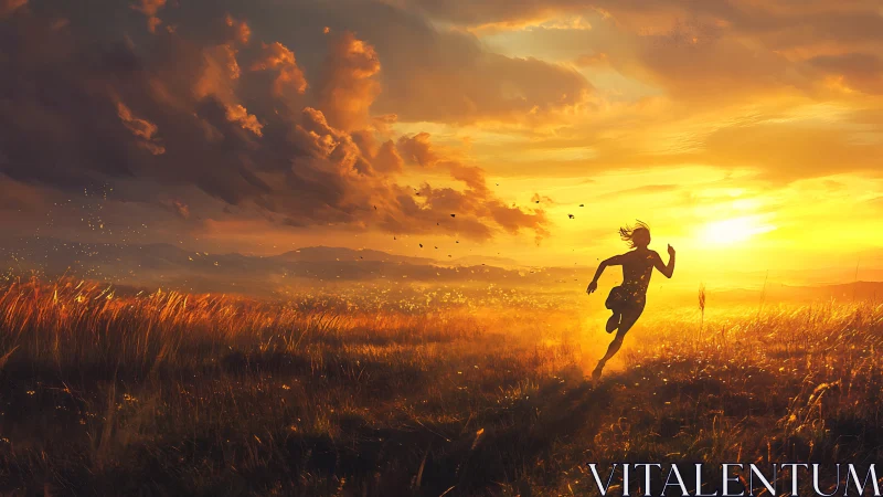 Silhouette running through golden field at vivid sunset.