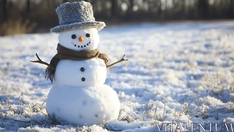 Snowman in textured hat on sunlit winter field.