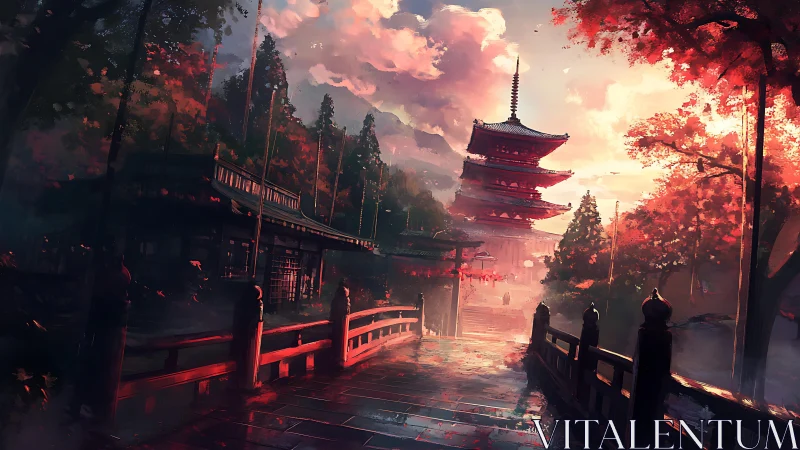 Crimson dusk strolls past a serene mountain pagoda dream