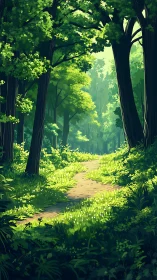 Sunlit Forest Path Through Emerald Canopy