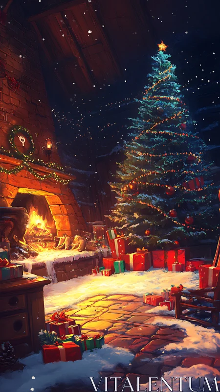 Cozy hearth and glowing Christmas tree in snowy cabin night.