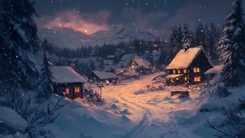 Digital painting of alpine winter village with warm cabin lights.