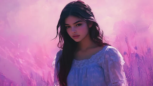 Soft backlit portrait in magenta atmospheric field environment