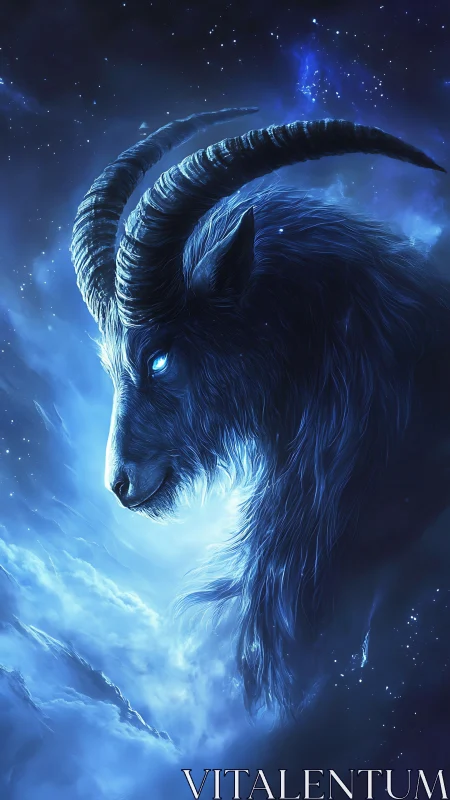 Starlit celestial goat spirit drifting through blue nebulae.