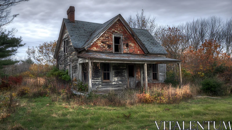 Weathered abandoned farmhouse in overgrown rural clearing