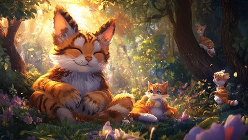 Large cat with kittens in sunlit forest clearing.