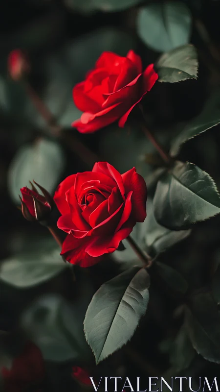Deep Red Roses Bathed in Soft Garden Light