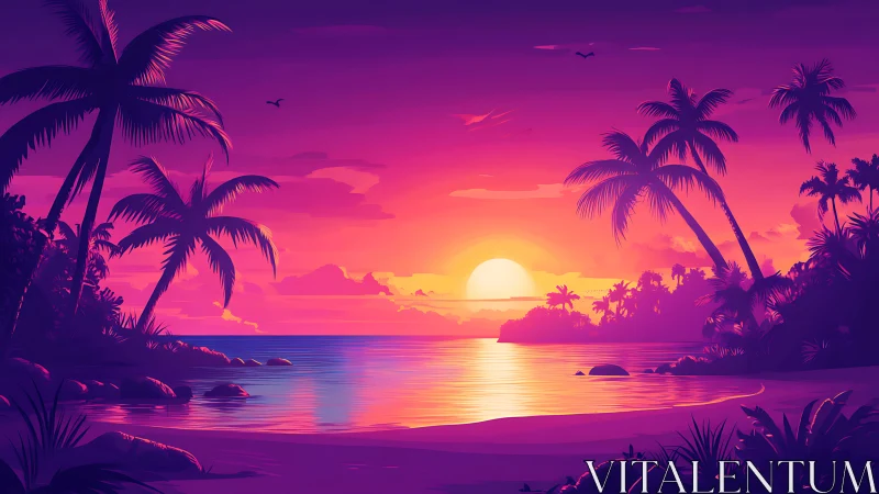 Neon tropical sunset bathes a tranquil palm-lined lagoon in glow