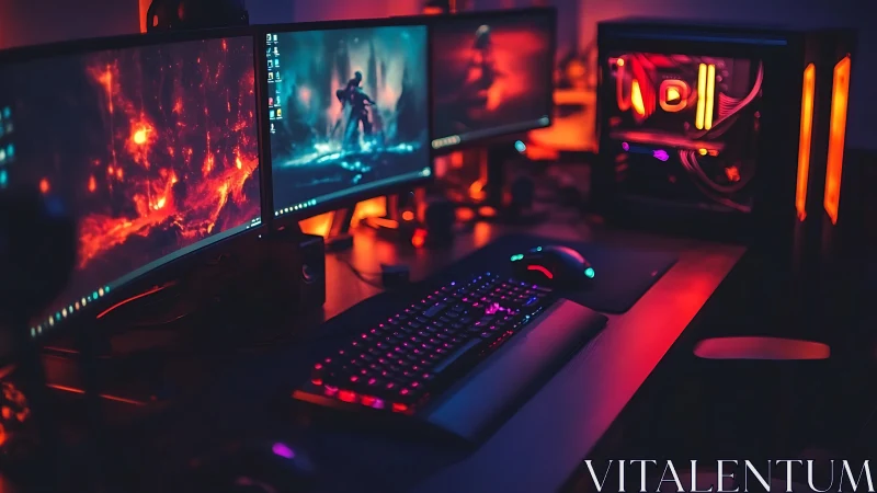 RGB gaming battlestation glows with triple ultrawide monitors.