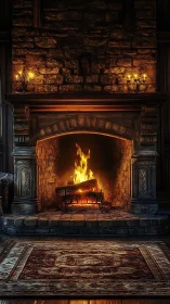 Ornate Fireplace with Active Fire and Stone Hearth