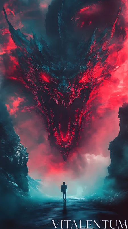 Solitary human figure under large spectral dragon head.