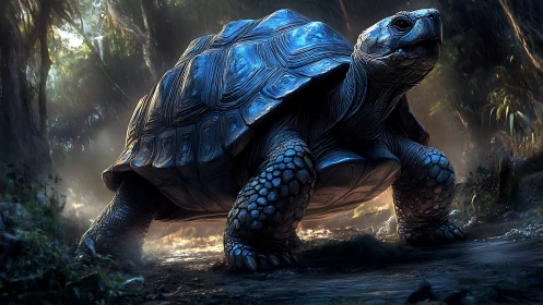 Bioluminescent forest tortoise under volumetric rainfall rendering.