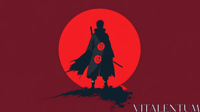 Lone anime warrior silhouetted against a bold red moon.