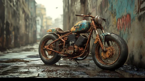 Rusted custom motorcycle stands abandoned in a wet urban alley