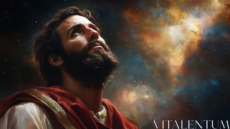 Devotional portrait unites luminous nebula sky with gazing figure