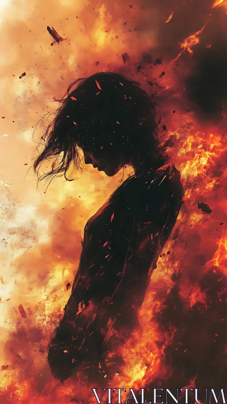 Silhouetted figure dissolves amid explosive fire and falling debris.