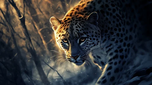Leopard's Luminous Gaze in Golden Wilderness.