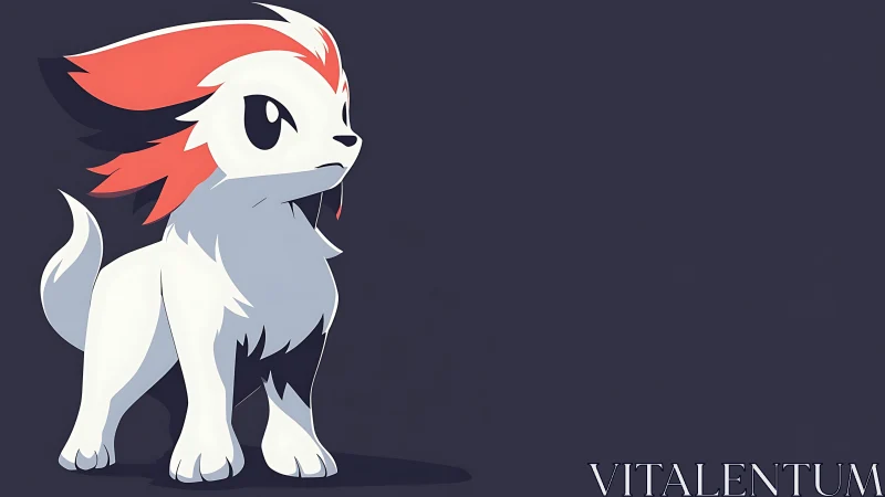 Stylized white canine creature stands alert on dark background