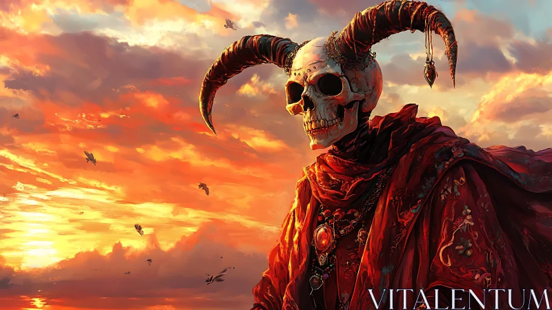 Horned skeletal monarch in crimson robes at sunset sky.
