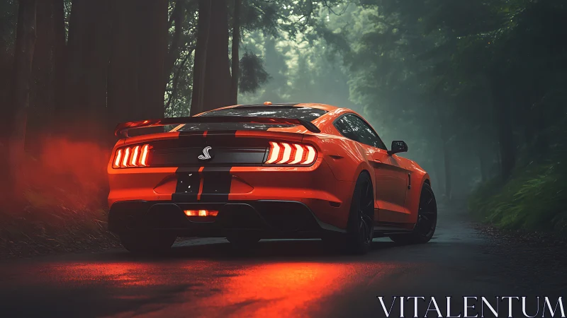 Orange sports car glows through misty forest road at dusk.
