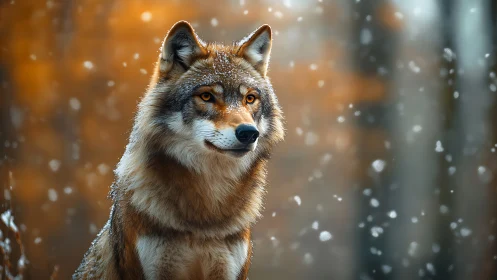 Gray wolf in shallow depth of field winter forest scene.