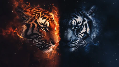 Dual Tiger Heads with Opposing Fire and Ice Elemental Effects