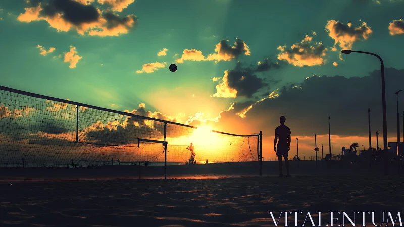 Silhouetted beach volleyball court stands against vivid sunset sky