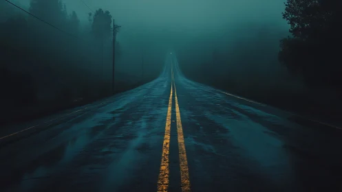 Wet two-lane highway receding into dense blue-green fog.