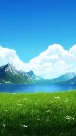 Alpine lakeside meadow under cumulus cloud field and clear sky