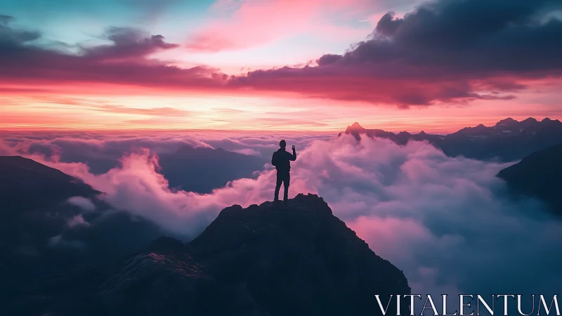Silhouette hiker overlooks neon pink clouds at sunrise.