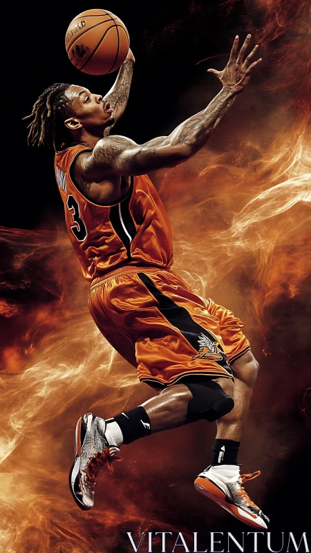 Basketball player in midair layup with stylized fiery backdrop.