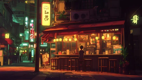 Neon lit ramen bar with solitary patron in stylized night street.