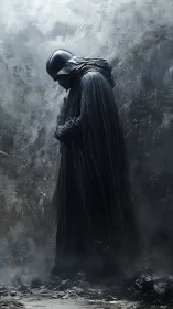 Solitary armored figure in black cloak within desaturated mist