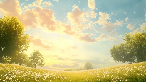 Soft morning light spills over a peaceful wildflower meadow