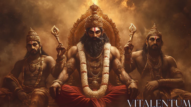 Mythic warrior king on ornate throne flanked by guardians