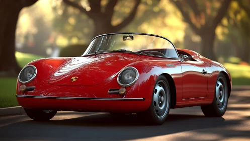 Classic red roadster glows in soft, tree-lined sunlight.