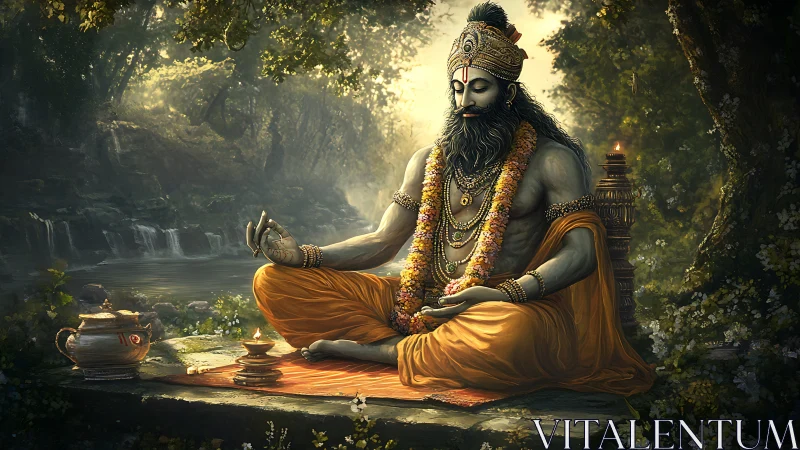 Meditating robed figure in forest beside stream in daylight.