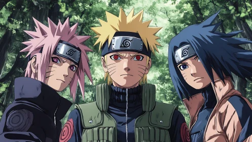Anime ninja trio stand united in dense emerald forest.