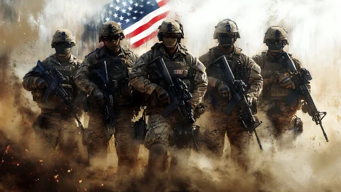 Armed soldiers advancing through smoke under US flag.