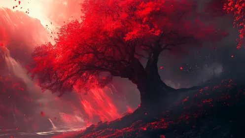 Scarlet fantasy tree glows against misty cliffs at dawn