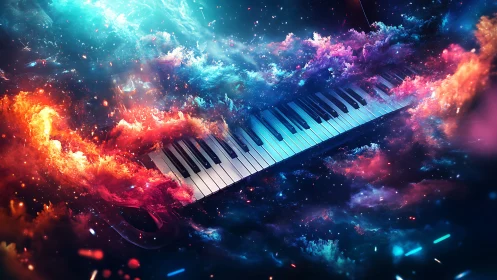 Cosmic piano keys drift through glowing nebula clouds