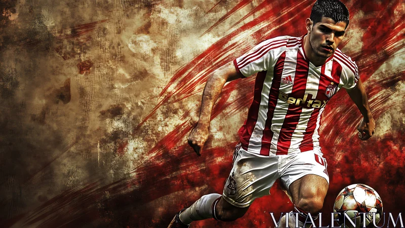 Blood-striped striker sprinting through painted stadium storm.