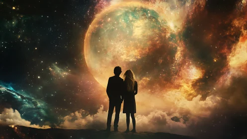 Stargazing lovers before colossal nebula-planet skyscape.