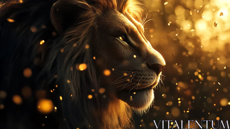 Golden dusk lion profile amid drifting embers of light.
