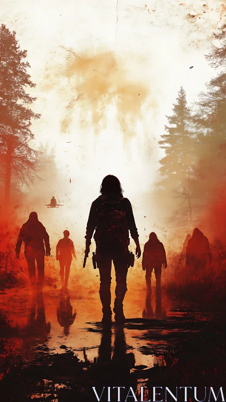 Silhouetted armed figure facing distant shapes in burning mist.