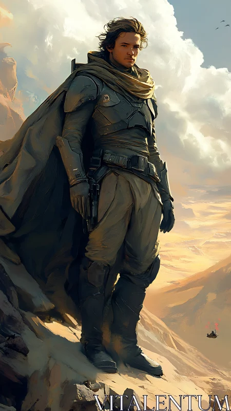 Desert star-wanderer stands guard above wind-torn dunes.
